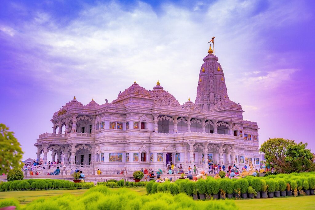 indian temple, vrindavan, mathura, radha krishna, pram temple, pram mandir, pram, temple, outdoor, religion, people, asia, india, religious, hindu, landscape, nature, radha, mandir, sunset, krishna, sky, architecture, prem, white, building