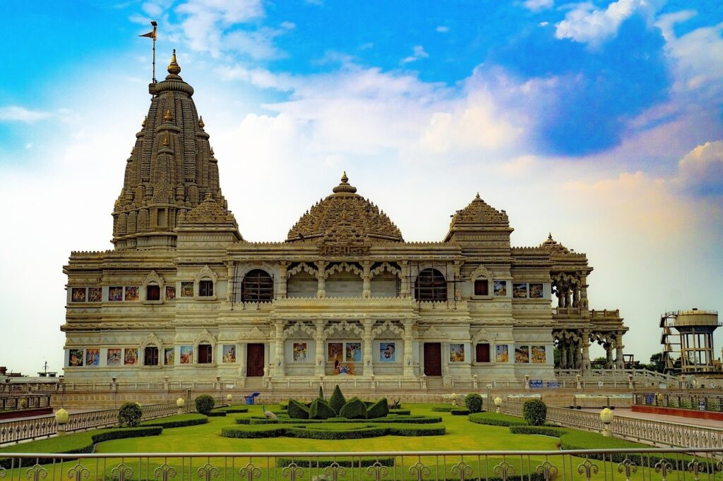 indian temple, vrindavan, mathura, radha krishna, pram temple, pram mandir, pram, temple, nature, outdoor, religion, people, asia, india, religious, hindu, landscape, radha, mandir, sunset, krishna, sky, architecture, prem, white, building