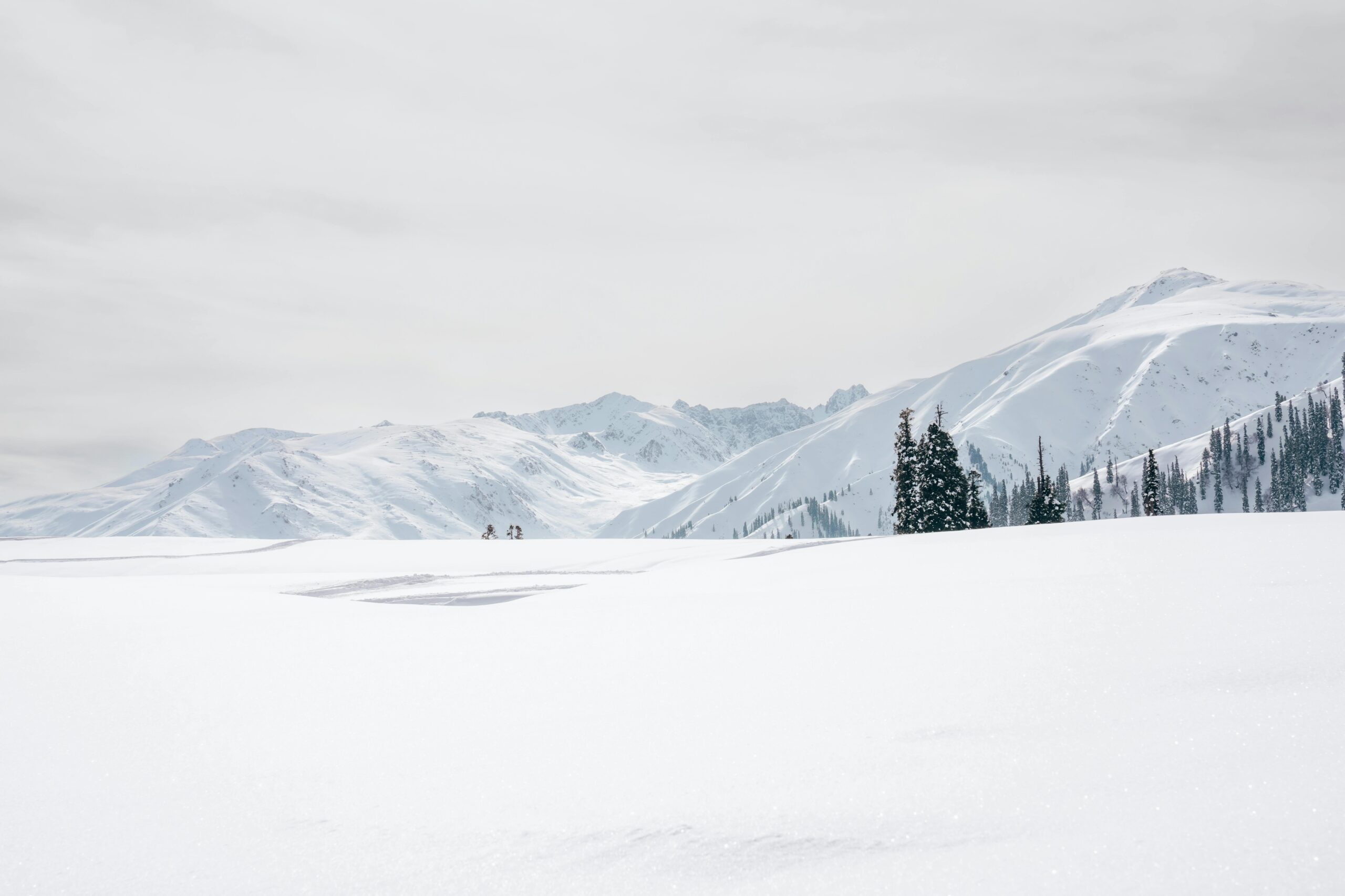 Pristine snow-covered landscape of Gulmarg, Kashmir with majestic mountains in winter.